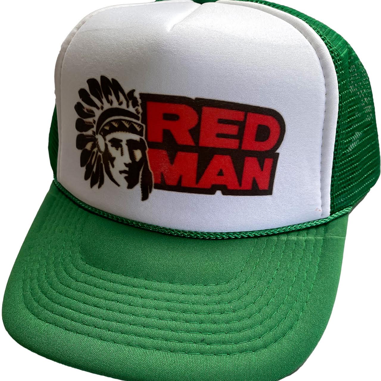 Red Man Logo Green Hat Snapback Cap | Vintage Style Red Man Logo Green Trucker Hat